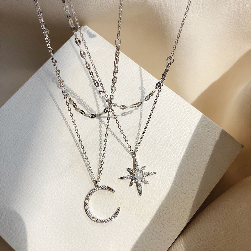 Catrin  925 Sterling Silver Star And Moon Double Necklace