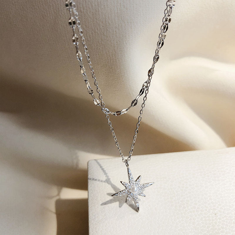 Catrin  925 Sterling Silver Star And Moon Double Necklace