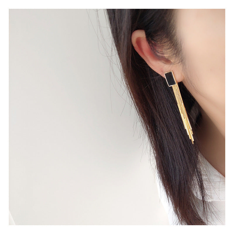 Retro Black Long Tassel Fake Earrings