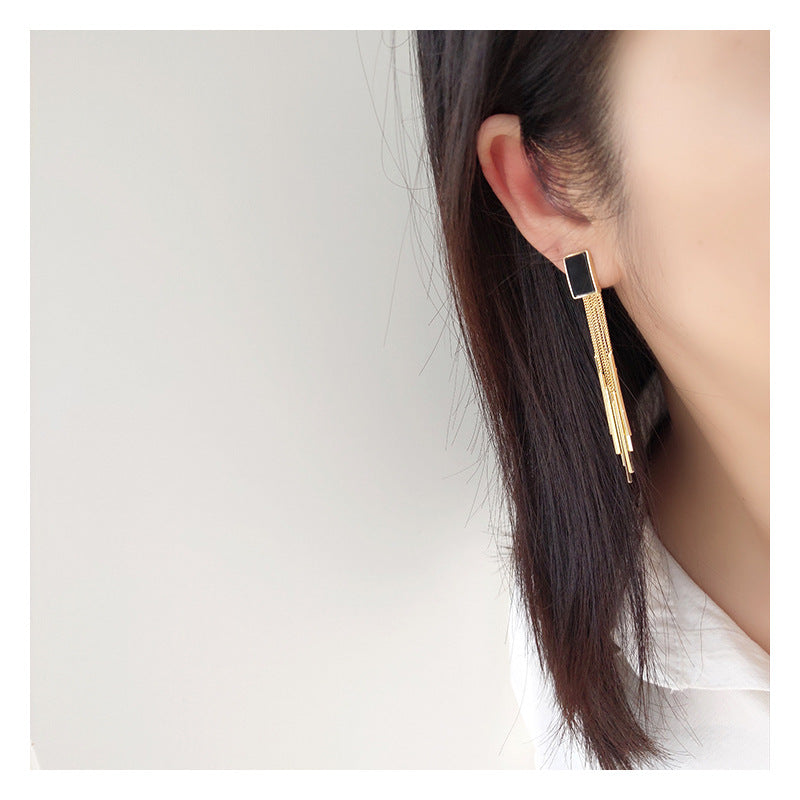 Retro Black Long Tassel Fake Earrings